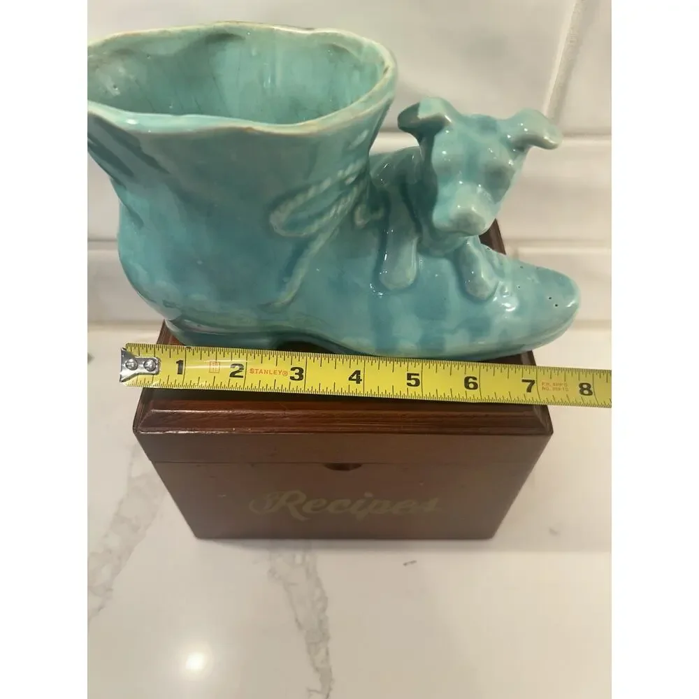 Vintage USA‎ Pottery Blue Ceramic Shoe With Dog Planter With Bow